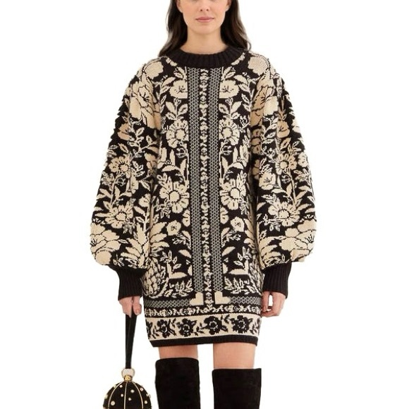 NEW FARM Rio Black Pineapple Garden Mini Sweater Dress Tunic Floral Knit Size XL - Picture 2 of 15